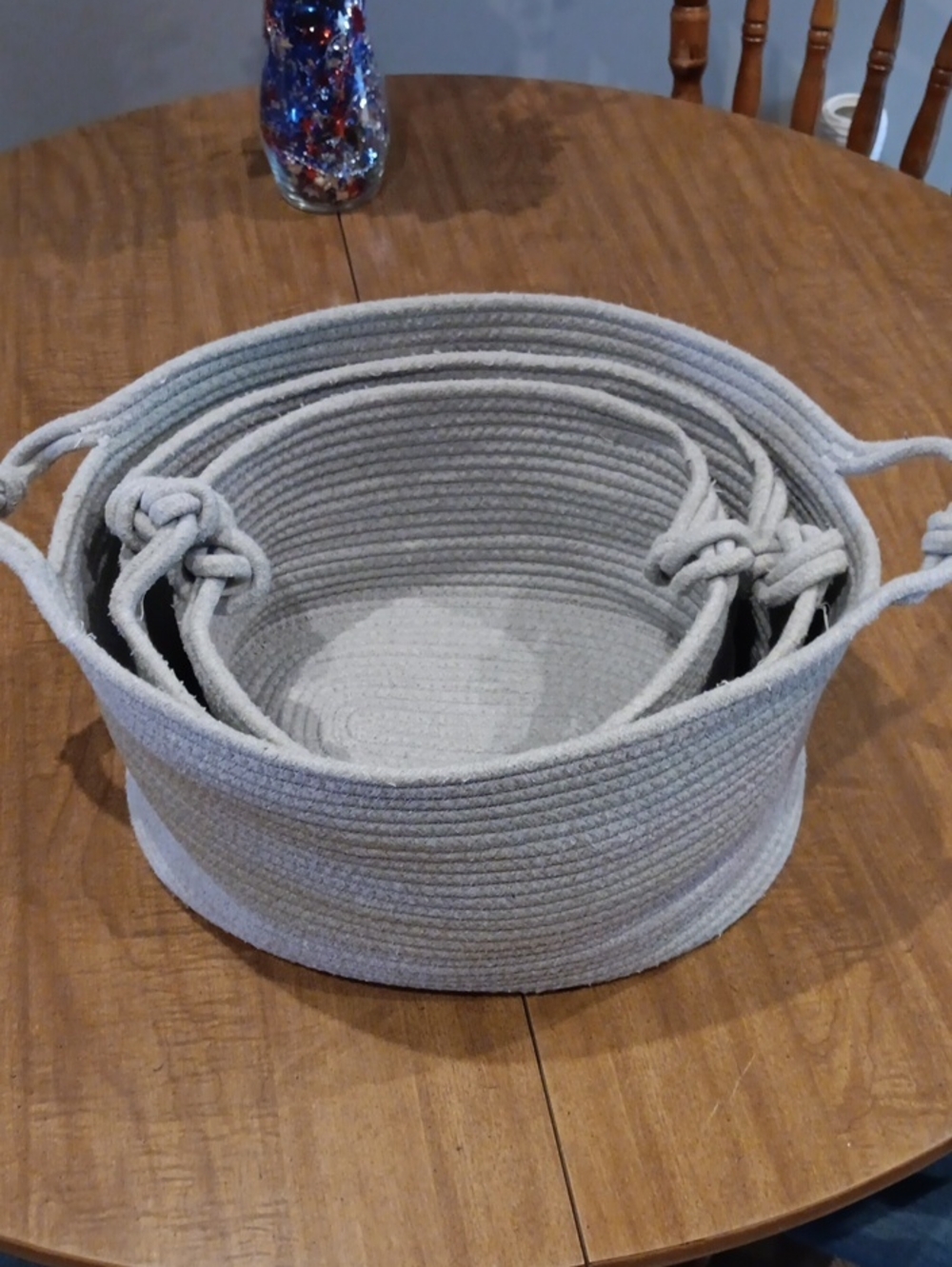 Set of Gray Woven Rope Storage Baskets with Hand-Tied Handles